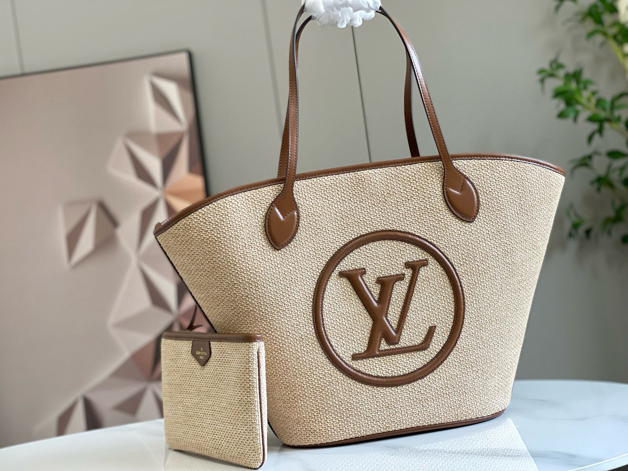 LV saint jacques 22cm tote bag basket raffia brown leather