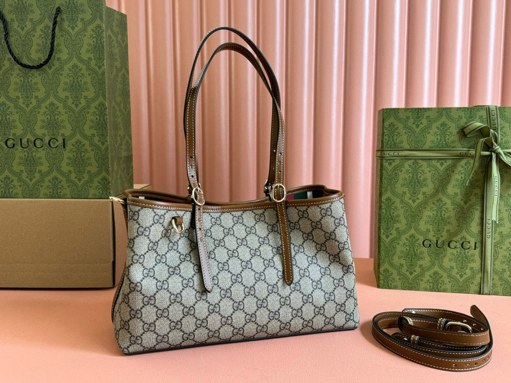 Gucci GG Emblem Small Tote Bag Beige Ebony Leather