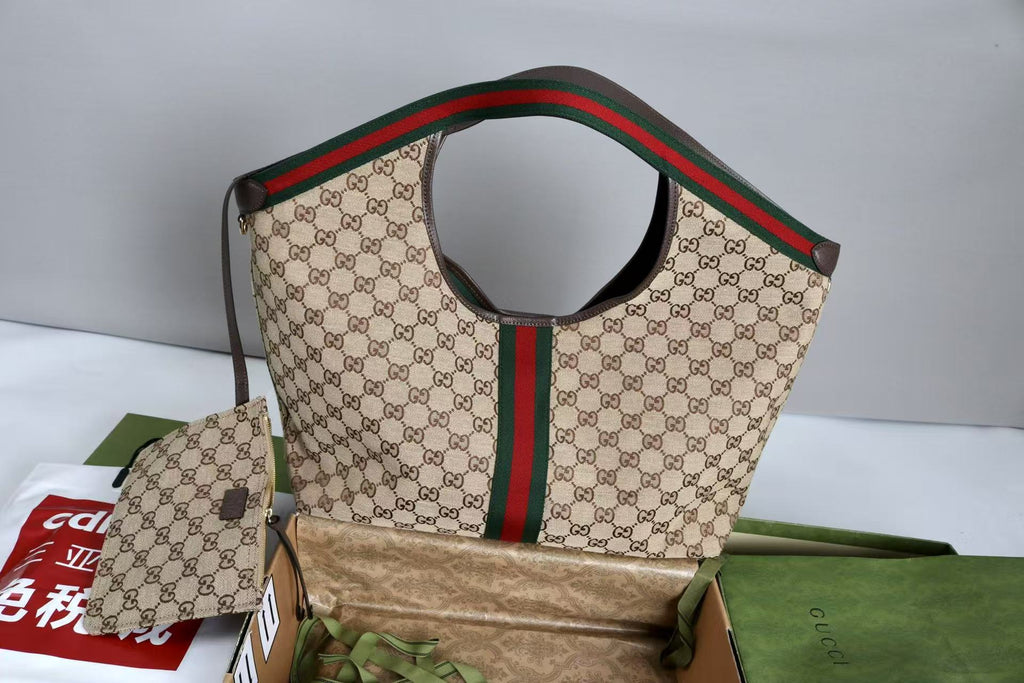 Gucci Giglio Large Tote Bag Beige and Red Denim