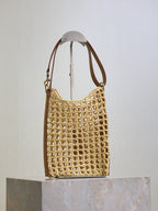 OXALIS 25  IN RAFFIA CROCHET AND LEATHER  BROWN