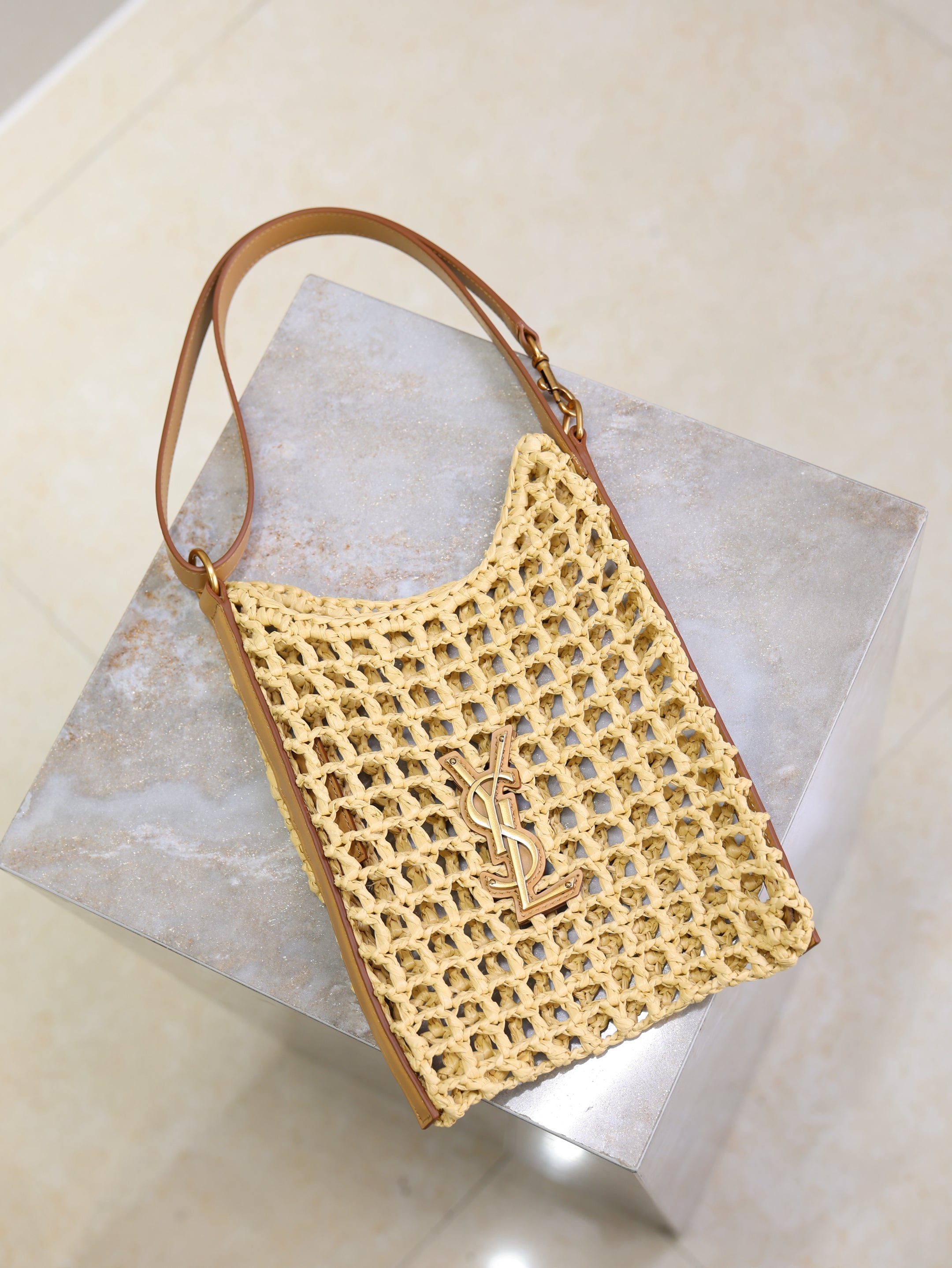 OXALIS 25  IN RAFFIA CROCHET AND LEATHER  BROWN
