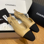 SLINGBACKS IN BEIGE LAMBSKIN AND BLACK SATIN
