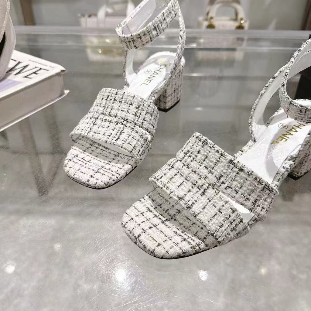 CC HIGH-HEELED SANDALS IN BLACK AND WHITE TWEED