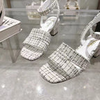 CC HIGH-HEELED SANDALS IN BLACK AND WHITE TWEED