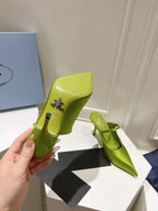 PRA 75 POINTED SATIN MULES IN GREEN FLEECE HEEL