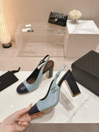 CC SLINGBACK PUMPS IN BLUE AND BLACK CALFSKIN