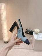 CC SLINGBACK PUMPS IN BLUE AND BLACK CALFSKIN