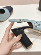 CC SLINGBACK PUMPS IN BLUE AND BLACK CALFSKIN