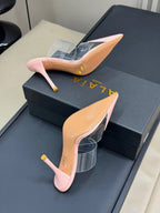 ALAIA HIGH MULES IN LIGHT PINK PATENT CALFSKIN AND FILM