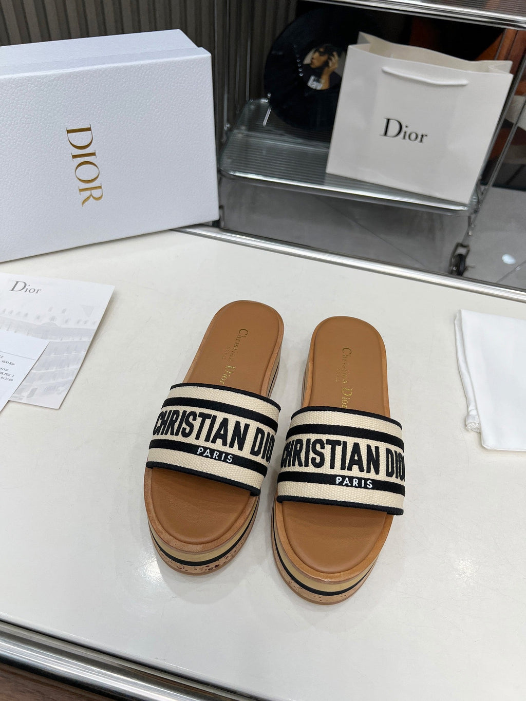 CD PLATFORM SLIDES IN BEIGE MIX BROWN CANVAS