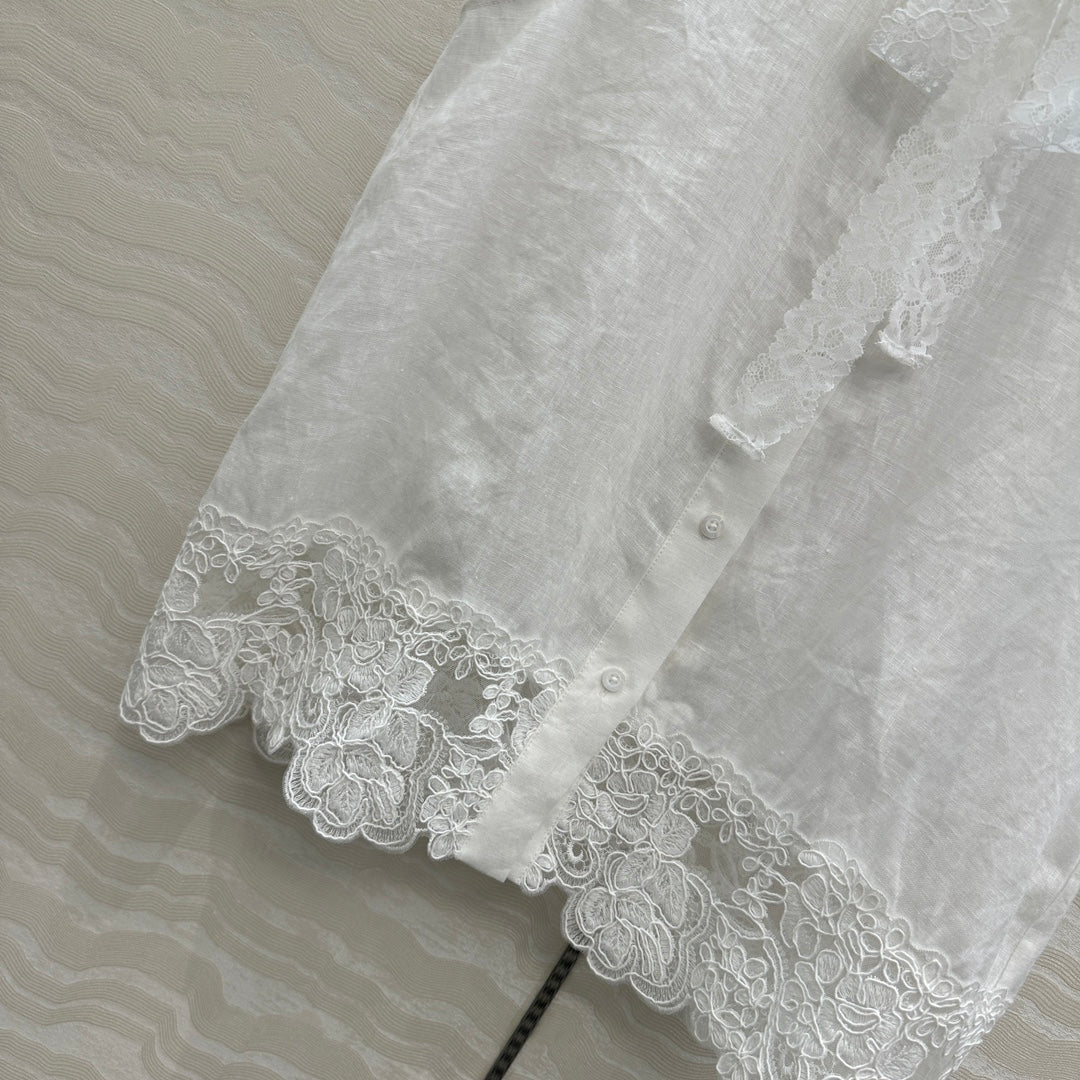 SLEEVELESS BLO IN WHITE LINEN LACE TRIM AND NECK TIE