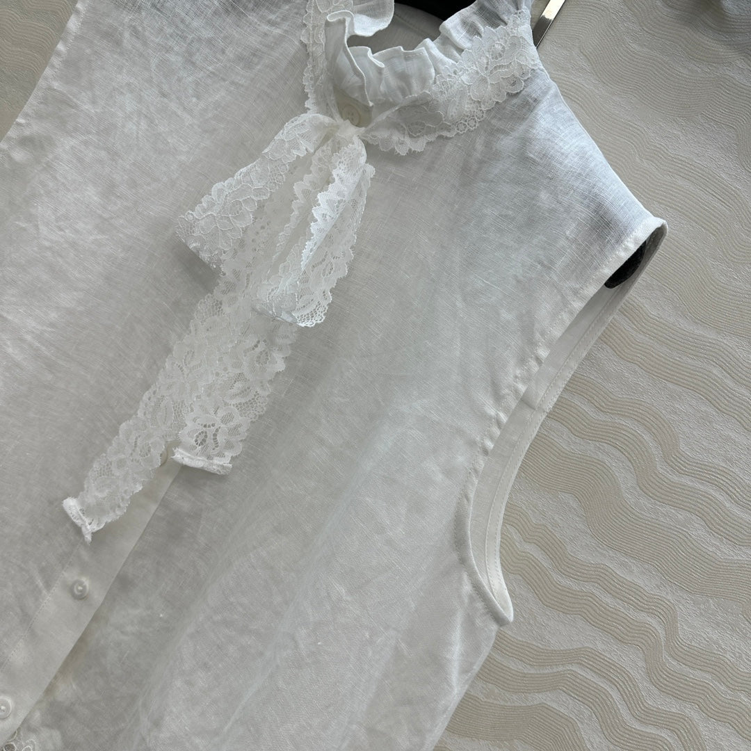 SLEEVELESS BLO IN WHITE LINEN LACE TRIM AND NECK TIE