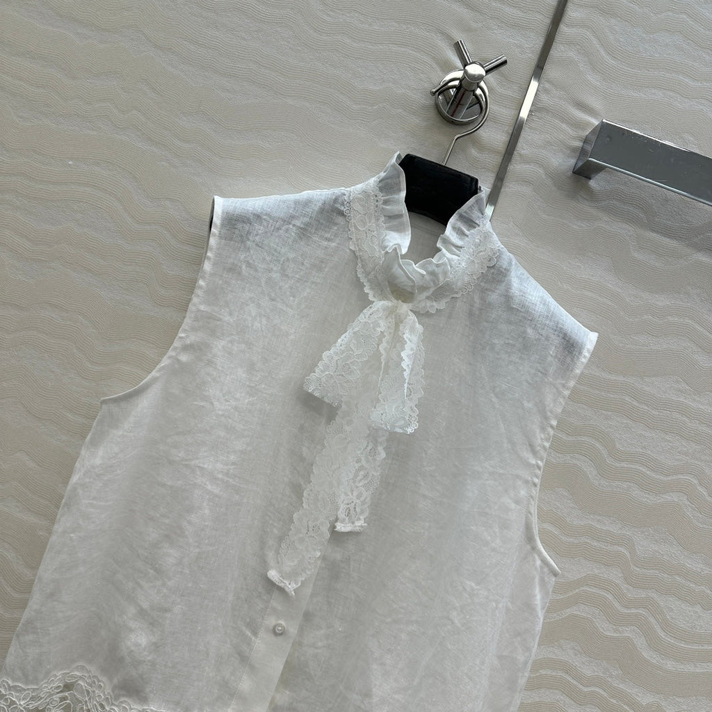 SLEEVELESS BLO IN WHITE LINEN LACE TRIM AND NECK TIE