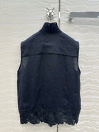 SLEEVELESS BLO IN BLACK LINEN LACE TRIM AND NECK TIE