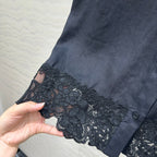 SLEEVELESS BLO IN BLACK LINEN LACE TRIM AND NECK TIE