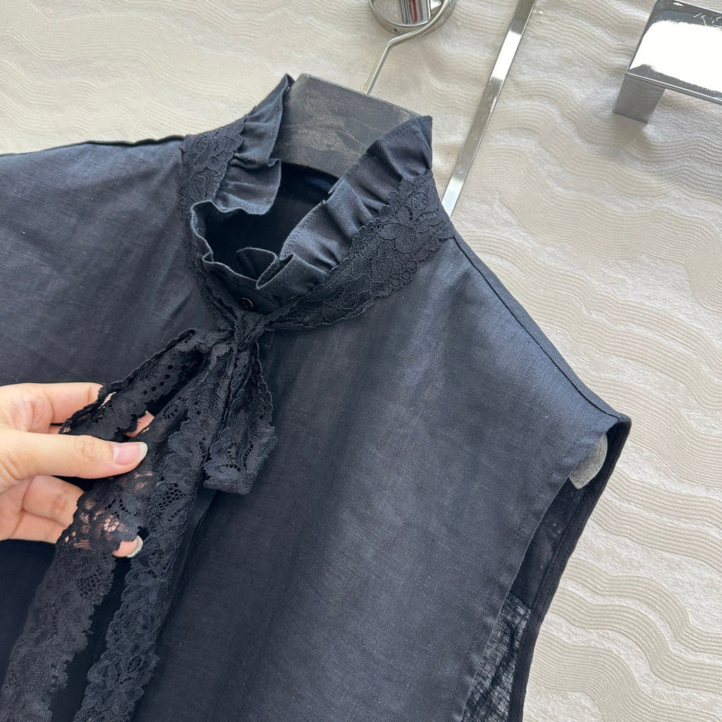 SLEEVELESS BLO IN BLACK LINEN LACE TRIM AND NECK TIE