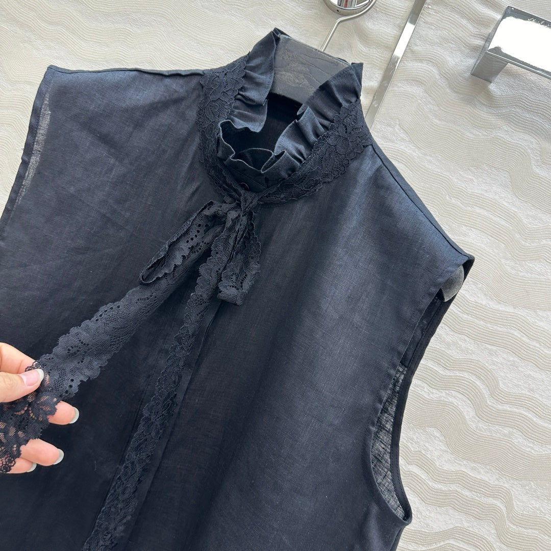 SLEEVELESS BLO IN BLACK LINEN LACE TRIM AND NECK TIE