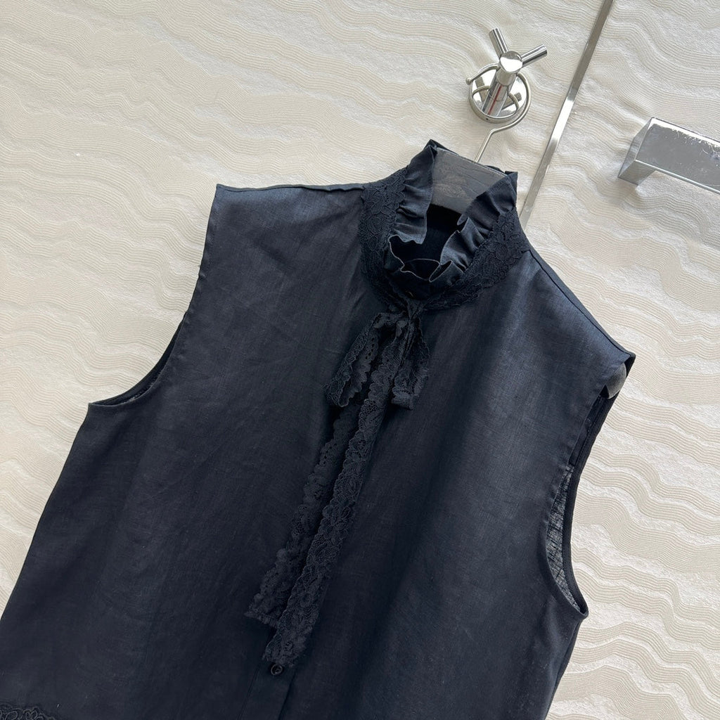 SLEEVELESS BLO IN BLACK LINEN LACE TRIM AND NECK TIE