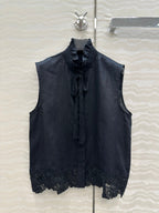SLEEVELESS BLO IN BLACK LINEN LACE TRIM AND NECK TIE