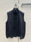 SLEEVELESS BLO IN BLACK LINEN LACE TRIM AND NECK TIE