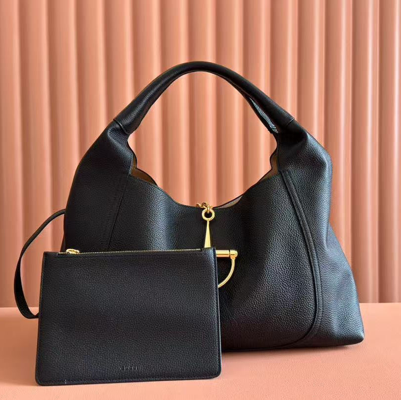 GG Softbit Shoulder Bag 46cm Black Grained Calfskin Gold Hardware