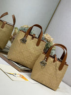 CD Toujours Vertical Tote Bag Brown Coconut Fiber Weaving Paired with Cowhide