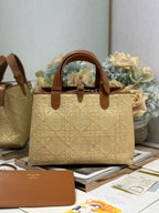 CD Toujours Vertical Tote Bag Brown Coconut Fiber Weaving Paired with Cowhide