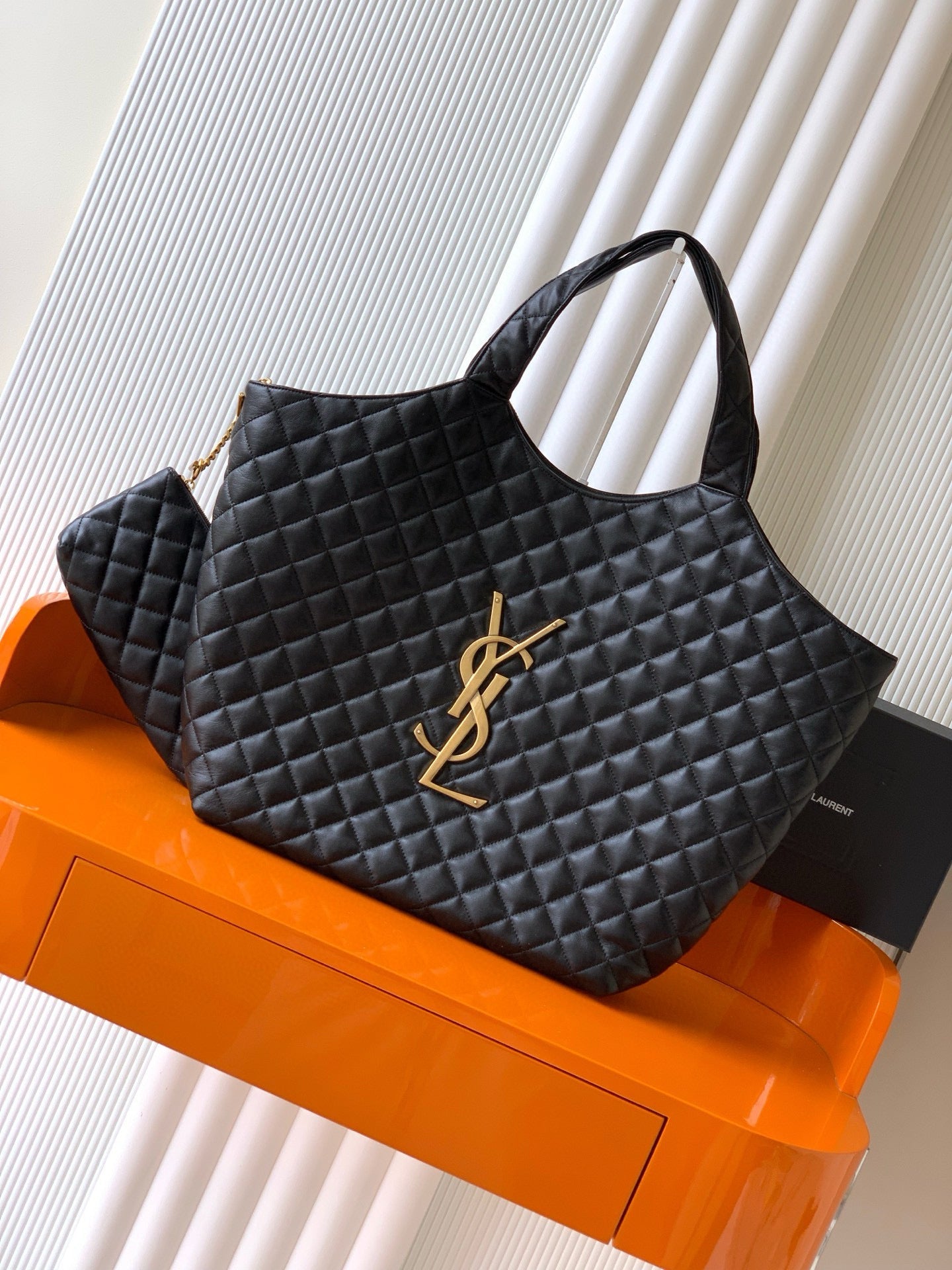 YSL ICARE GOLDEN DRAGON TOTE BAG LARGE BLACK SHEEPSKIN