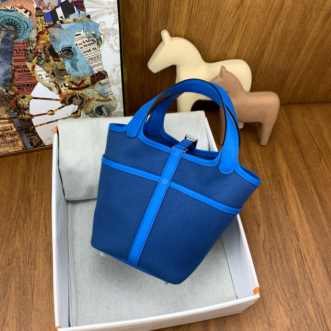 HM PICOTIN BASKET LOCK 18 BLUE SWIFT LEATHER AND CANVAS PATCHWORK SILVER HARDWARE