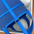 HM PICOTIN BASKET LOCK 18 BLUE SWIFT LEATHER AND CANVAS PATCHWORK SILVER HARDWARE