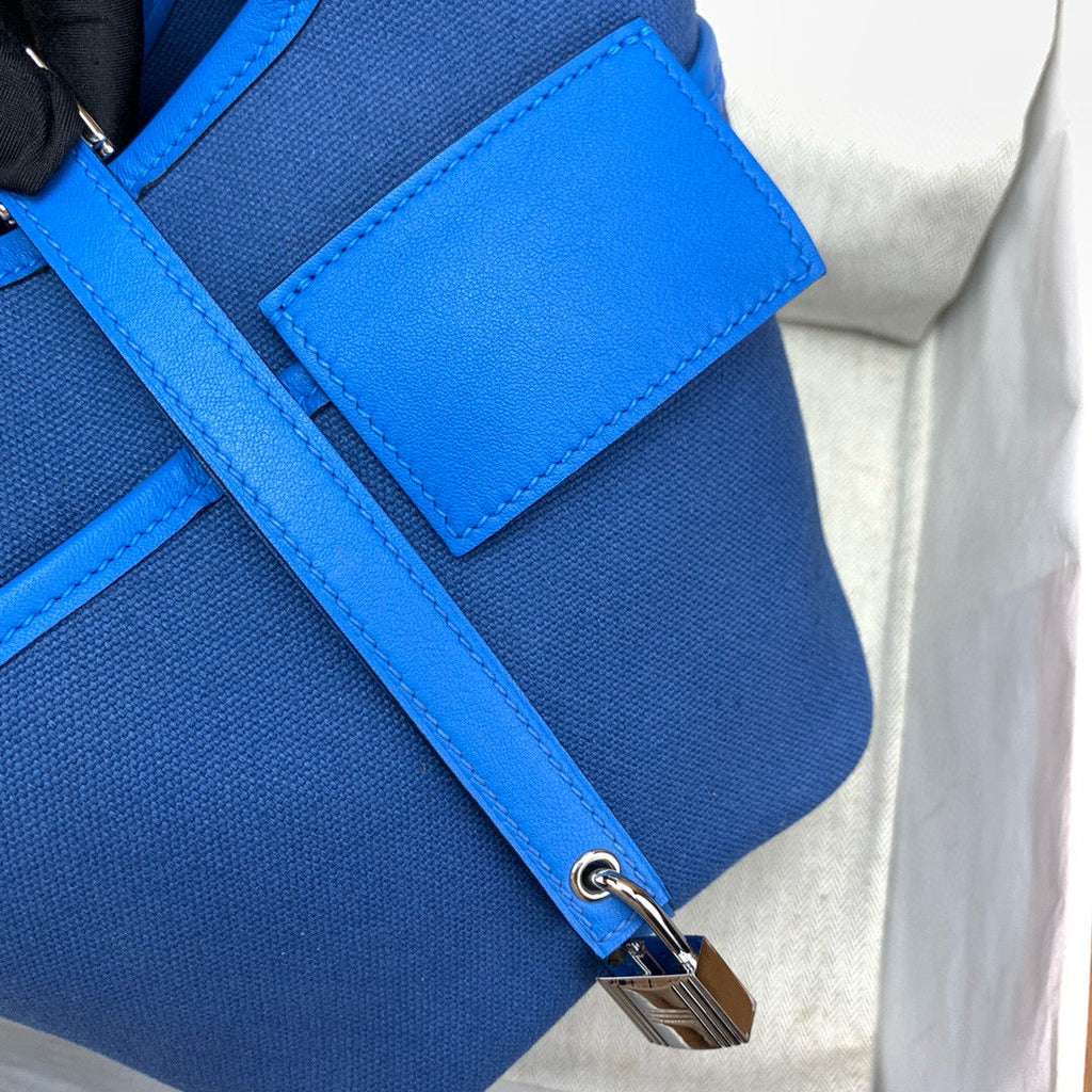 HM PICOTIN BASKET LOCK 18 BLUE SWIFT LEATHER AND CANVAS PATCHWORK SILVER HARDWARE