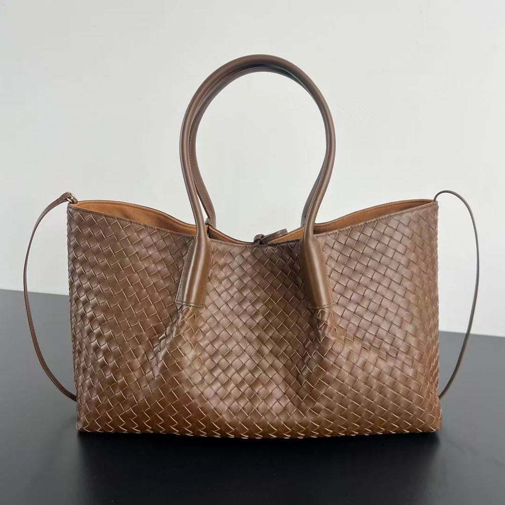 BV Reversible Tote Bag 43cm Intreccio Nocciola Amber Calfskin Suede