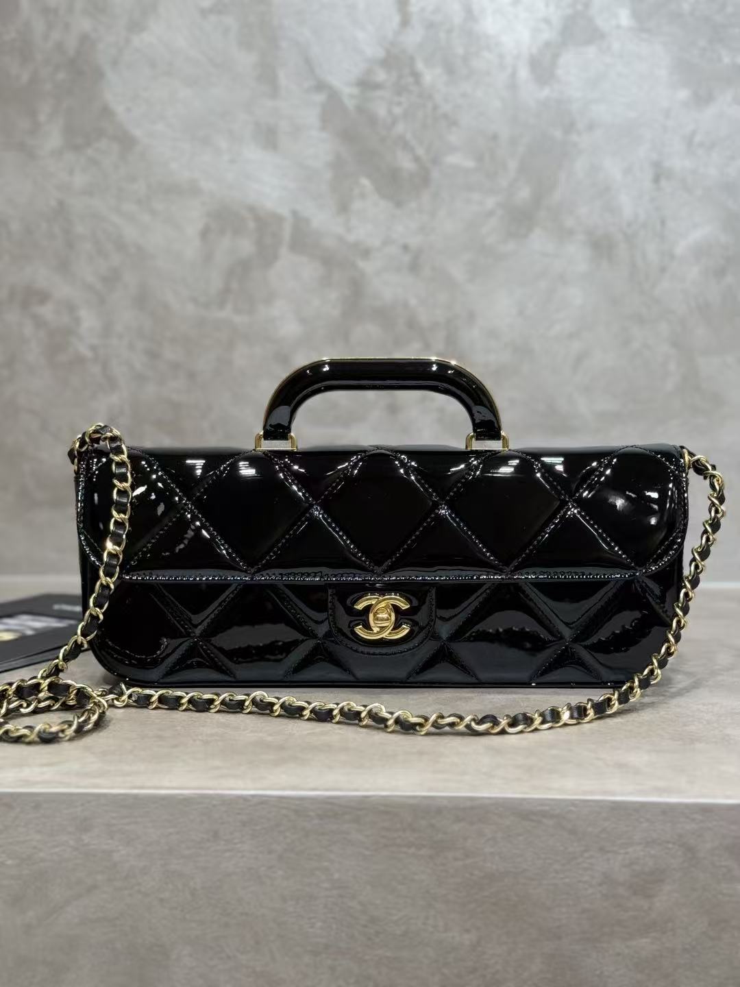 CC 25K Large Flap Bag with Top Handle Chain Strap Black Patent Calfskin GHW