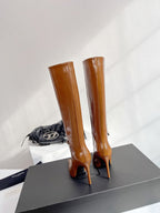 YSL VENDOME HIGH BOOTS IN CARAMEL BROWN CALFSKIN