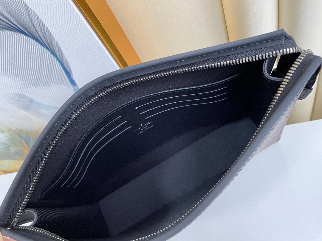 LV Pochette To-Go Bag 26cm Black Gray Canvas Cowhide