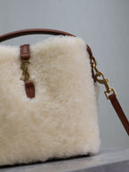 YSL LE 15 MINI SHEARLING BUCKET BAG IN CREAM BEIGE WITH LEATHER TRIM