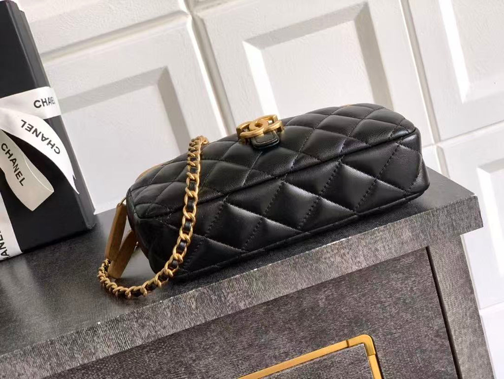 CC 25A Touch Phone Holder Bag 17.5cm with Chain Black Brown Lamskin