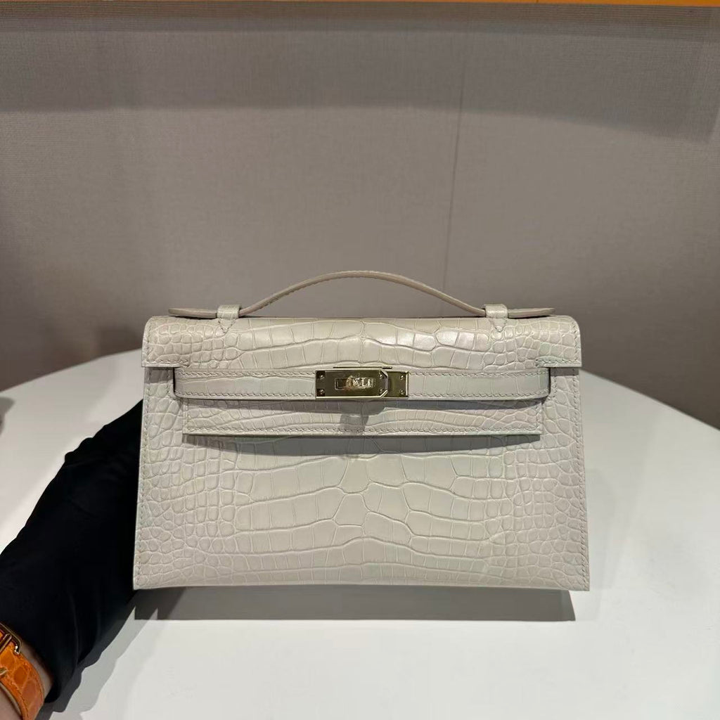 HM KELLY  POCHETTE 22 CREAM AMERICAN ALLIGATOR SILVER BUCKLE (MADE - TO - ODER)