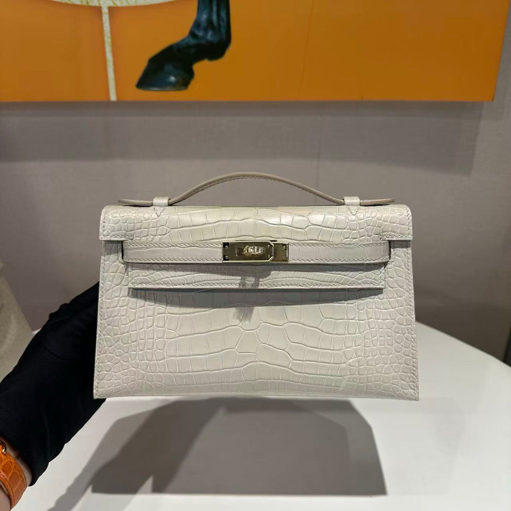 HM KELLY  POCHETTE 22 CREAM AMERICAN ALLIGATOR SILVER BUCKLE (MADE - TO - ODER)