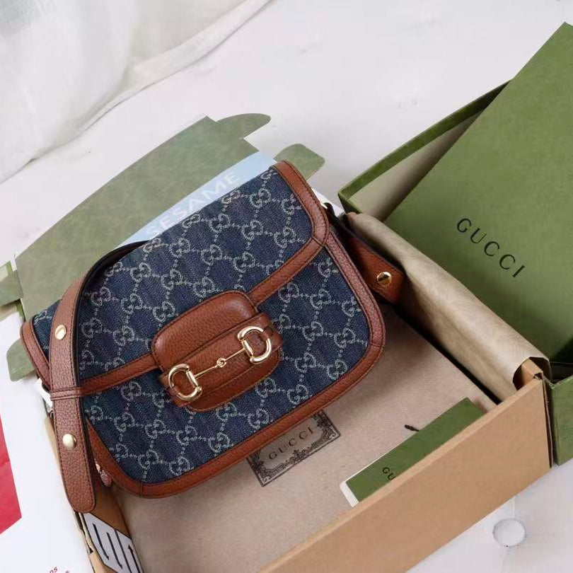 Gucci Horsebit Bag 25cm Blue mix Brown Leather Canvas