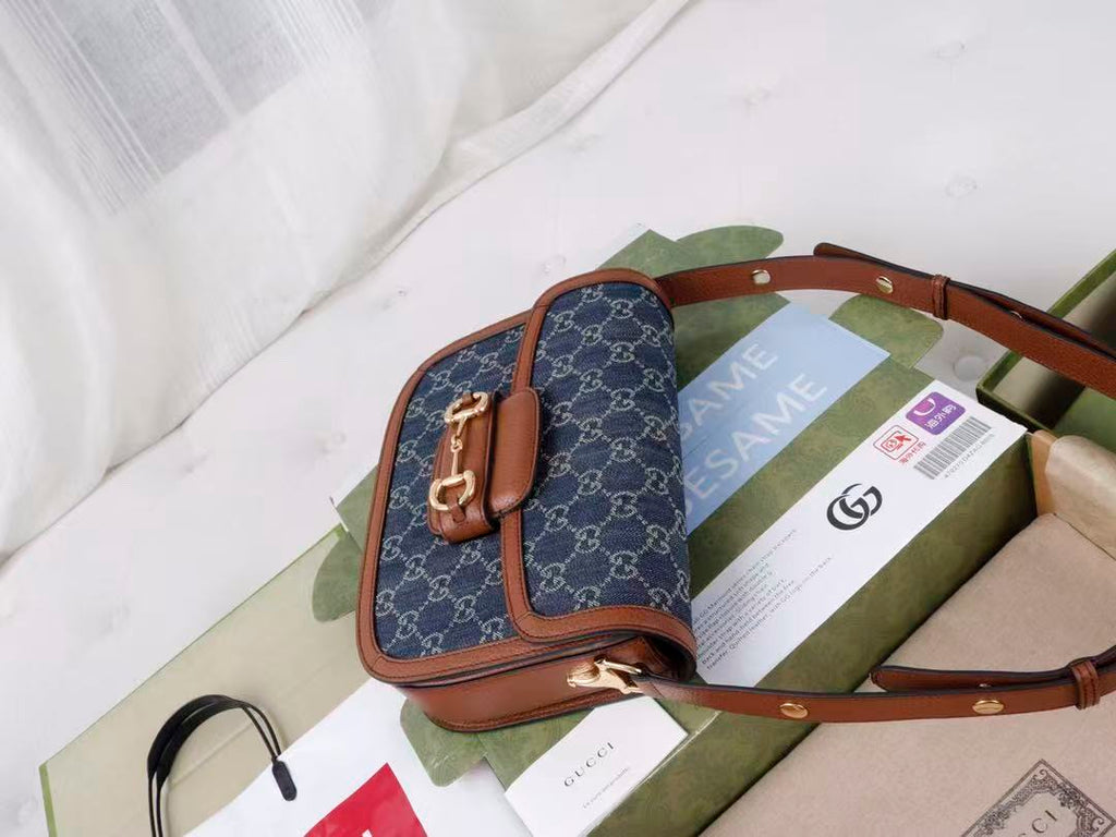 Gucci Horsebit Bag 25cm Blue mix Brown Leather Canvas