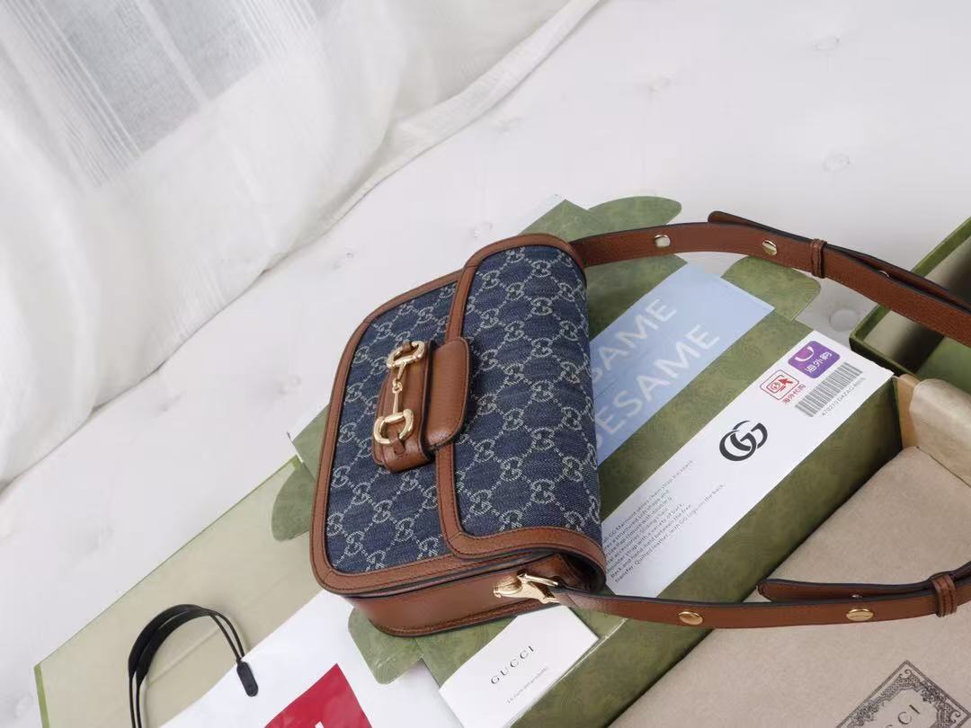 Gucci Horsebit Bag 25cm Blue mix Brown Leather Canvas