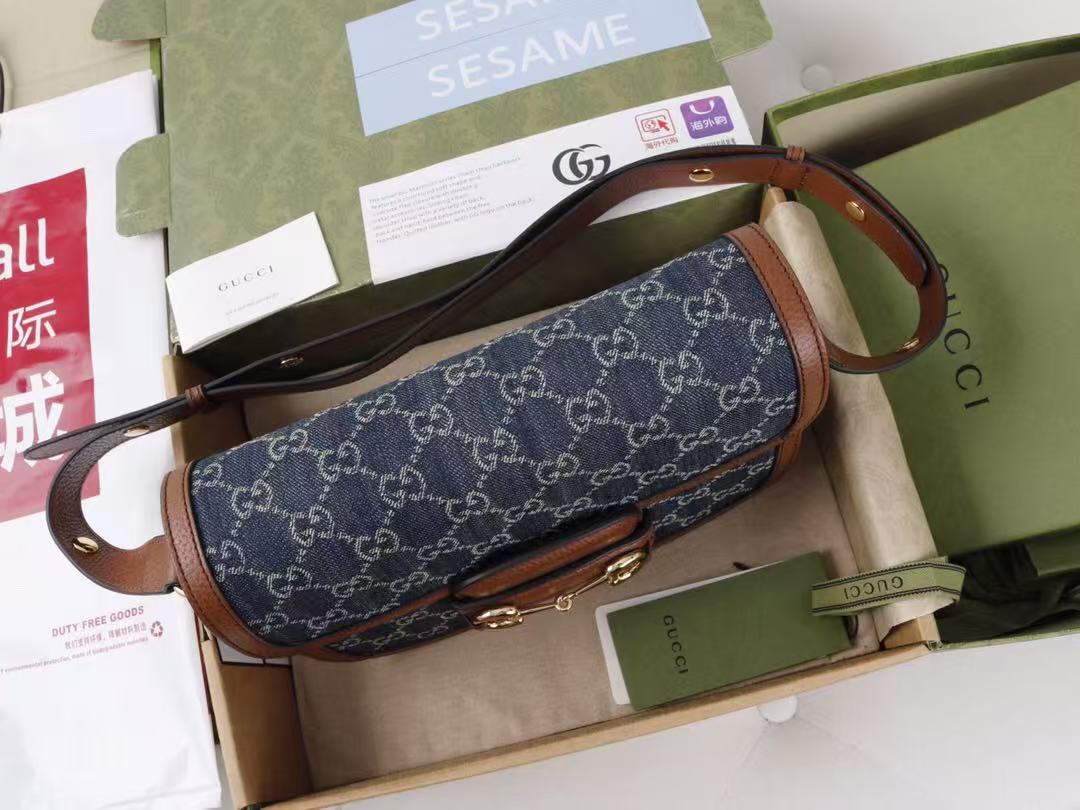 Gucci Horsebit Bag 25cm Blue mix Brown Leather Canvas