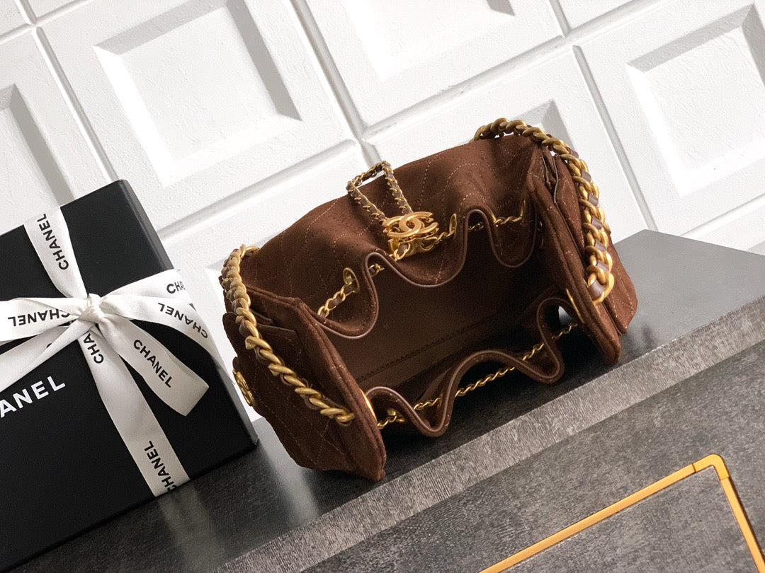 CHANEL 25S HOBO BAG 22 CM IN DARK BROWN SUEDE WITH GOLD HARDWARE