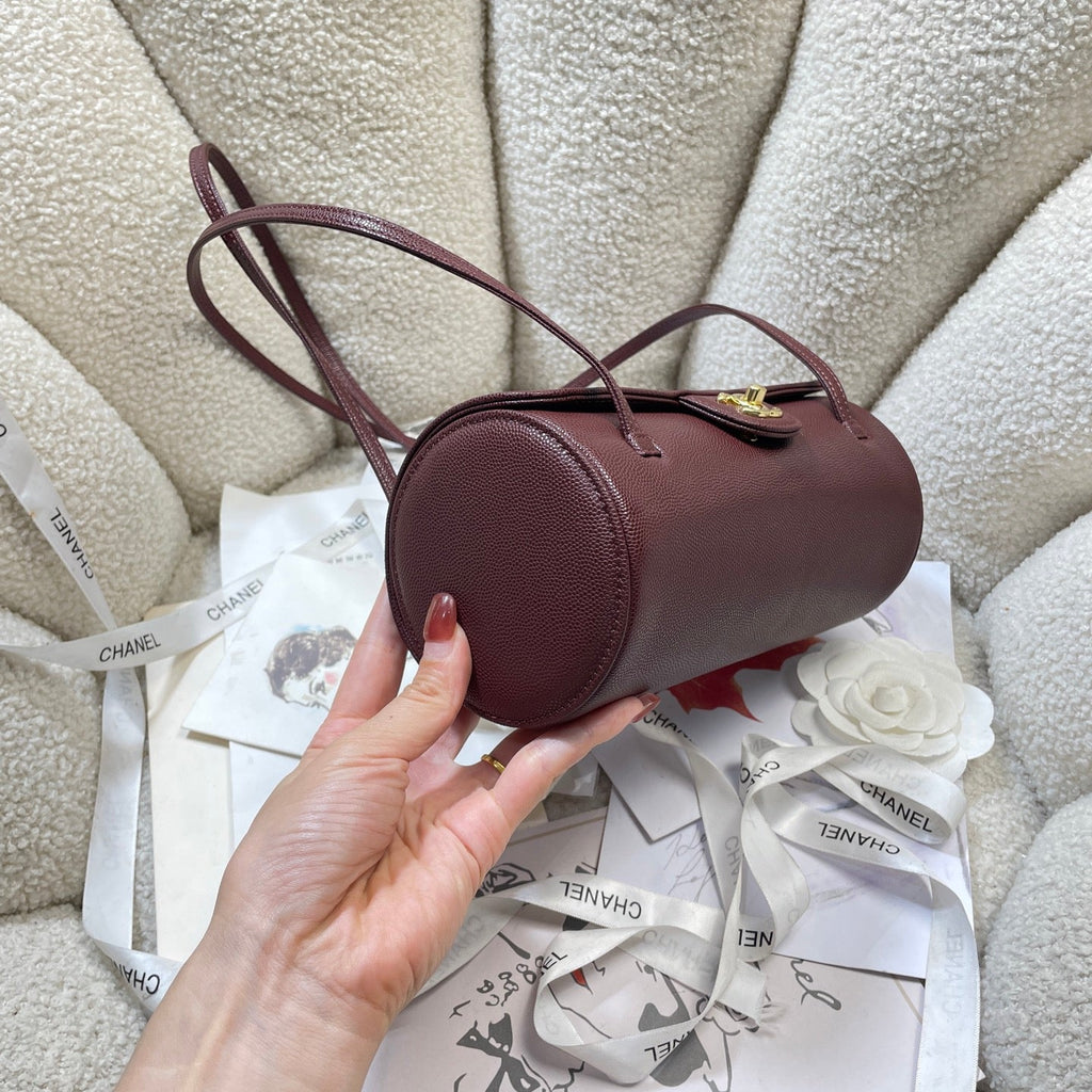 Chanel 2026 Bowling Ball Cylinder Bag 20.5cm Burgundy Caviar Leather