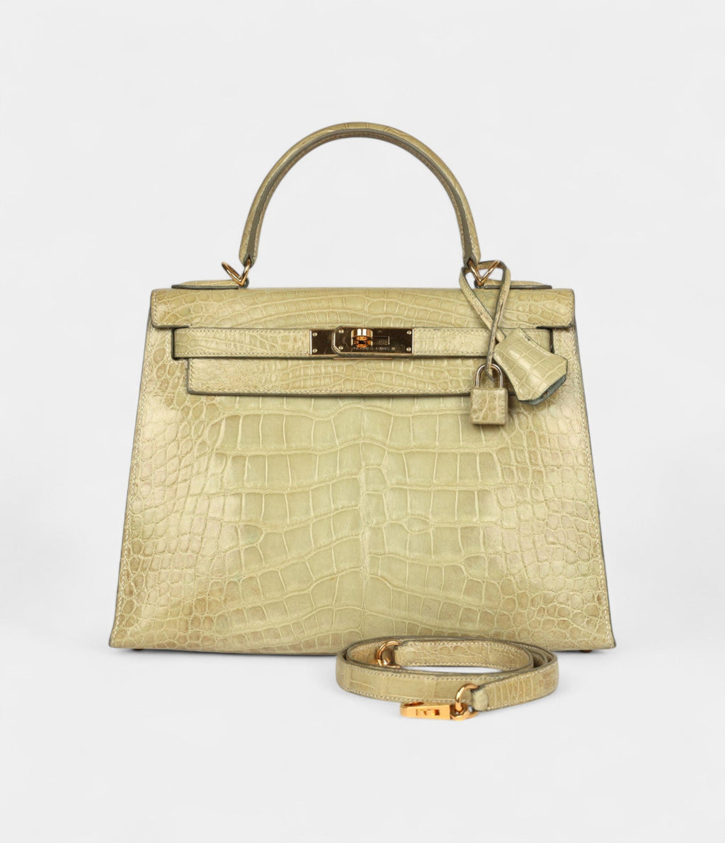 Hermes Kelly 28 Celadon Natura Shiny Alligator Gold Hardware