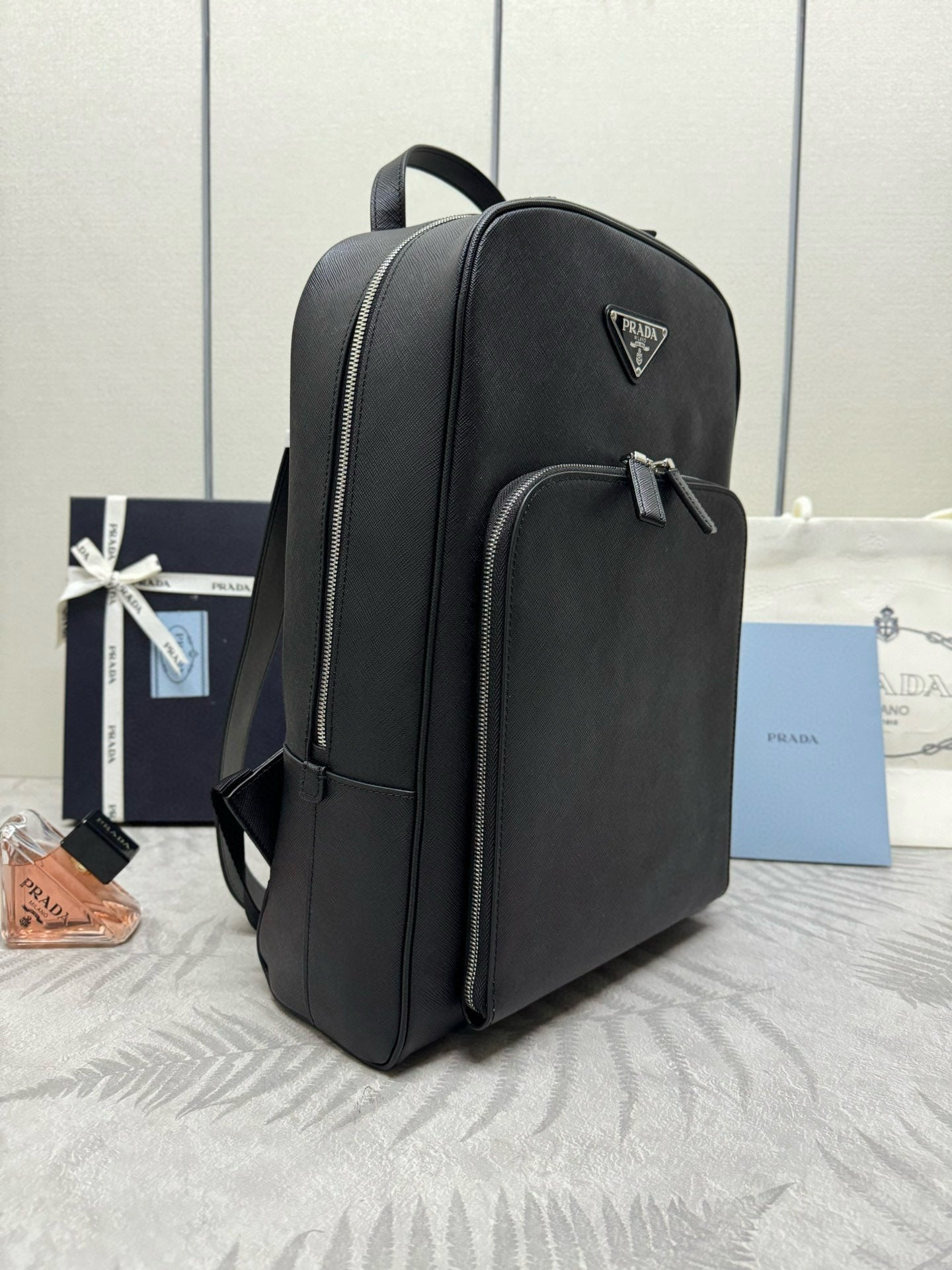 Prada Triangle-Logo Zipped Backpack Black Saffiano leather
