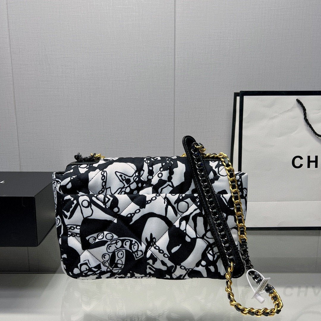 CHL -  19 HandBag Printed Canvas Black And White For Women 11.8in/30LO