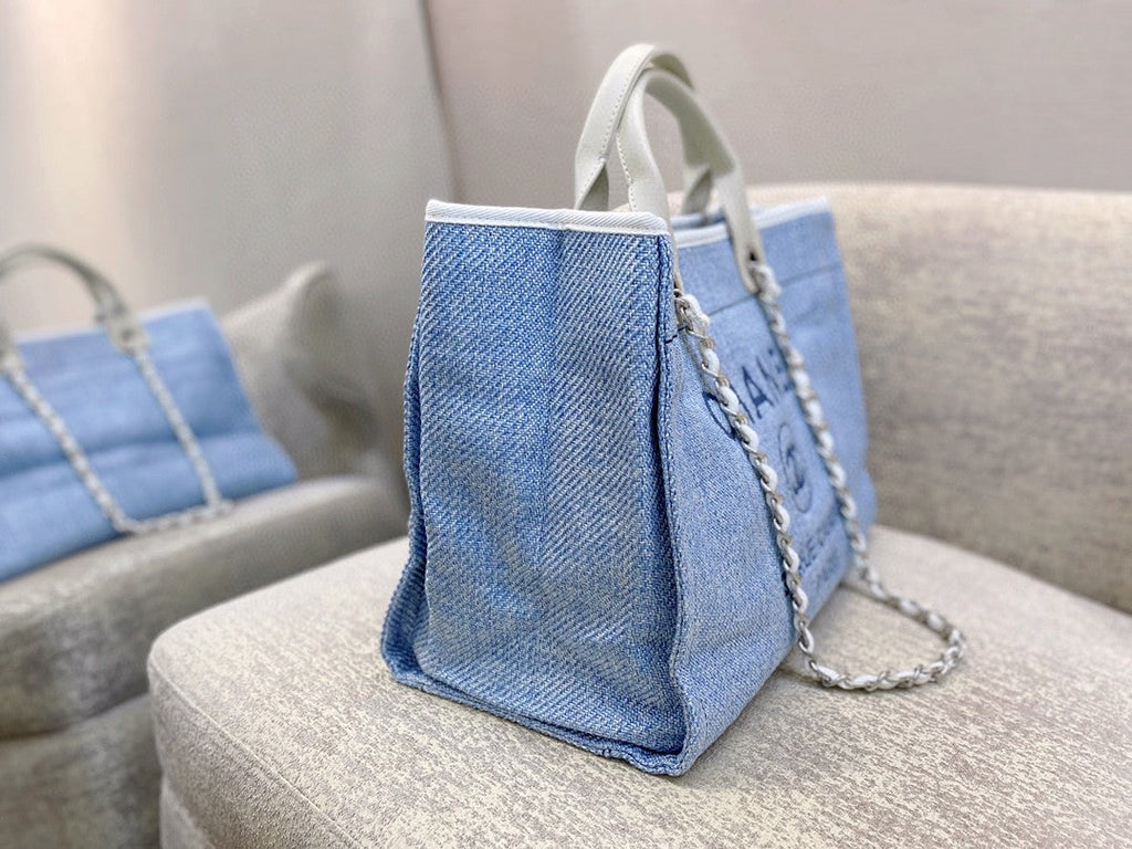 CHL -  Deauville Tote Tweed Canvas Bag Fall/Winter Collection, Light Blue/White For Women 15in/38LO