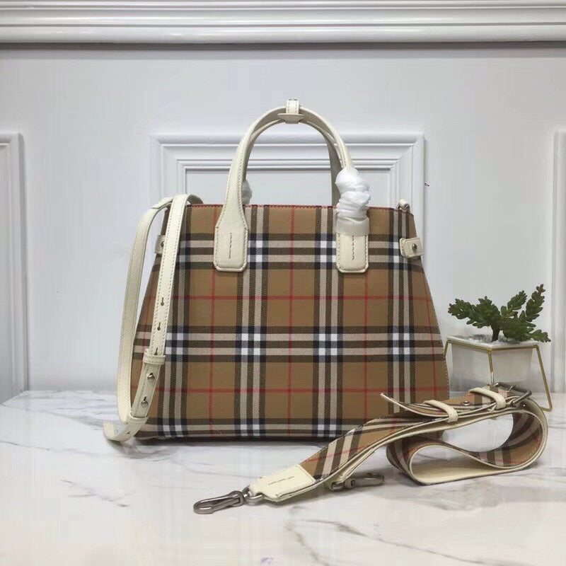 B-Berry - BB  House Check Derby Medium Banner Purse Tote White For Women, Women’s Bags 14in/35LO